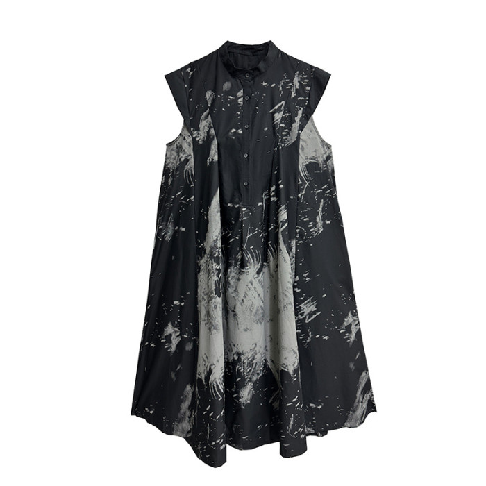 Women Black Pattern Printed Big Size Midi Shirt Dress New Stand Collar Sleeveless Fashion Tide Spring Summer 1DH5837