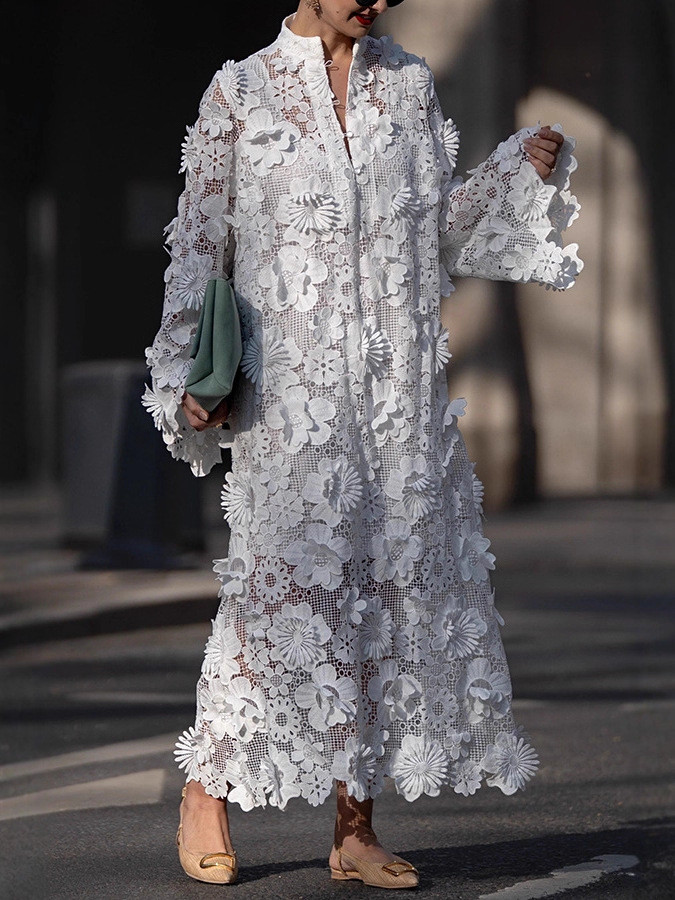 White hollowed-out three-dimensional flower round-neck long-sleeve dress  DLZQ52600