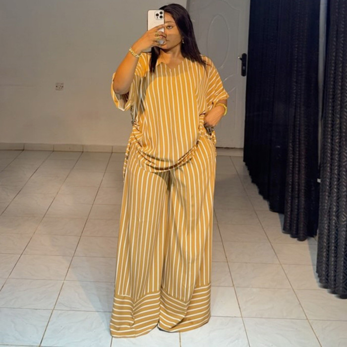 New style casual loose V-neck striped short-sleeved top + wide-leg pants - set  DLZTZ480
