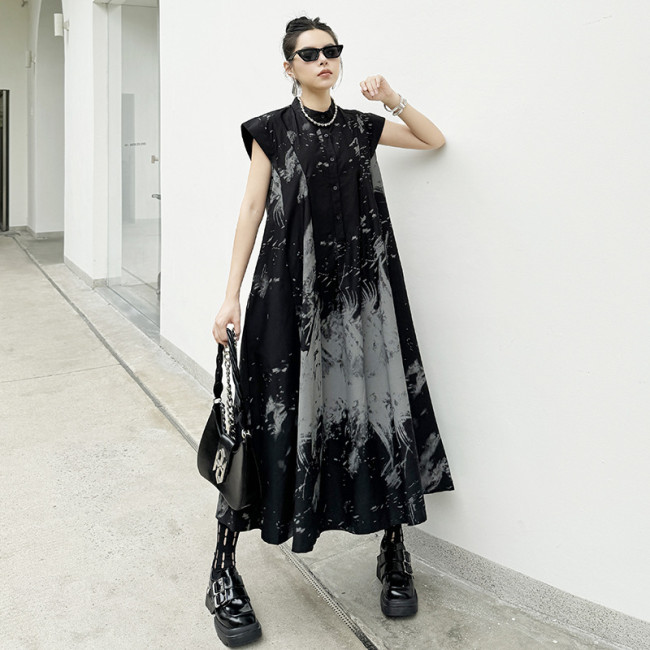 Women Black Pattern Printed Big Size Midi Shirt Dress New Stand Collar Sleeveless Fashion Tide Spring Summer 1DH5837