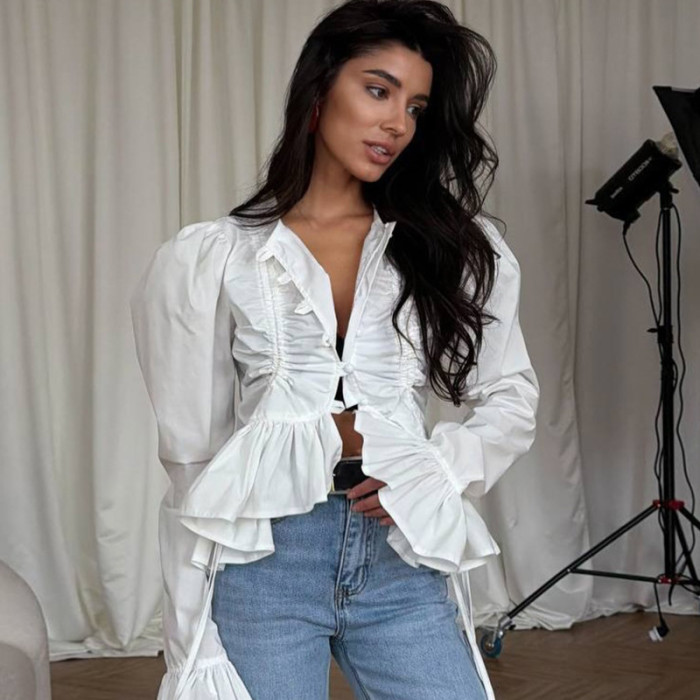 New fashion design with a pleated trumpet sleeve and irregular ruffled hem blouse DLZ330