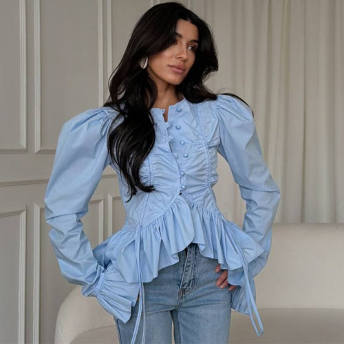 New fashion design with a pleated trumpet sleeve and irregular ruffled hem blouse DLZ330