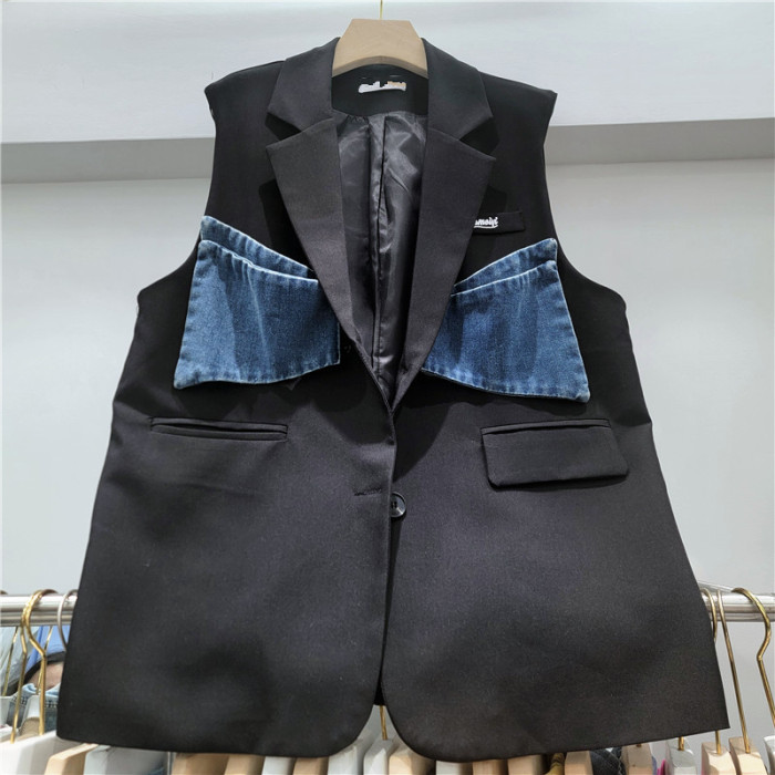 Suits with denim patchwork featuring large bows, loose and trendy brand blazer  DLZMJ3301