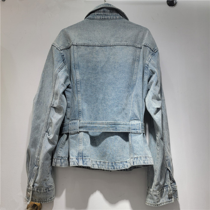 Fashionable retro distressed design, three-dimensional embossed collar, belt, denim jacket  DLZWT2005