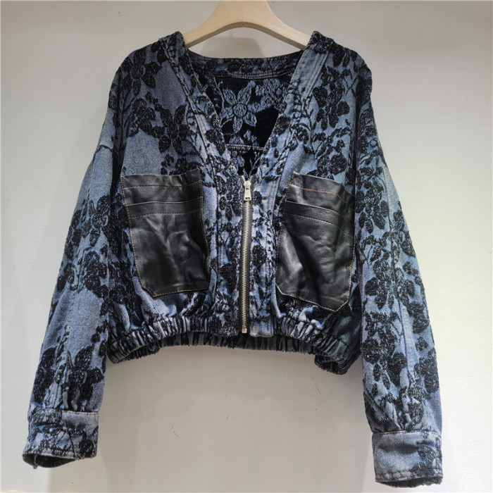 Women's Denim Coat Patchwork Pu Pockets Zipper Sequins Embroidered Short Style Jackets  DLZ429205