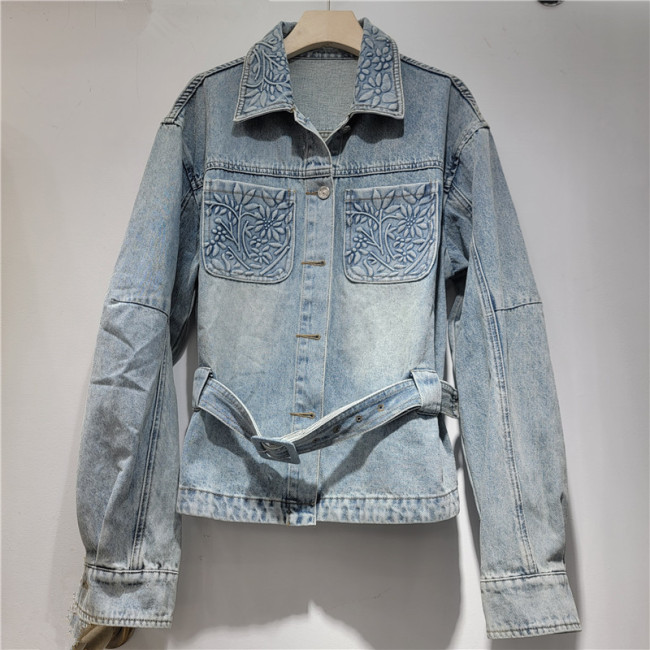 Fashionable retro distressed design, three-dimensional embossed collar, belt, denim jacket  DLZWT2005