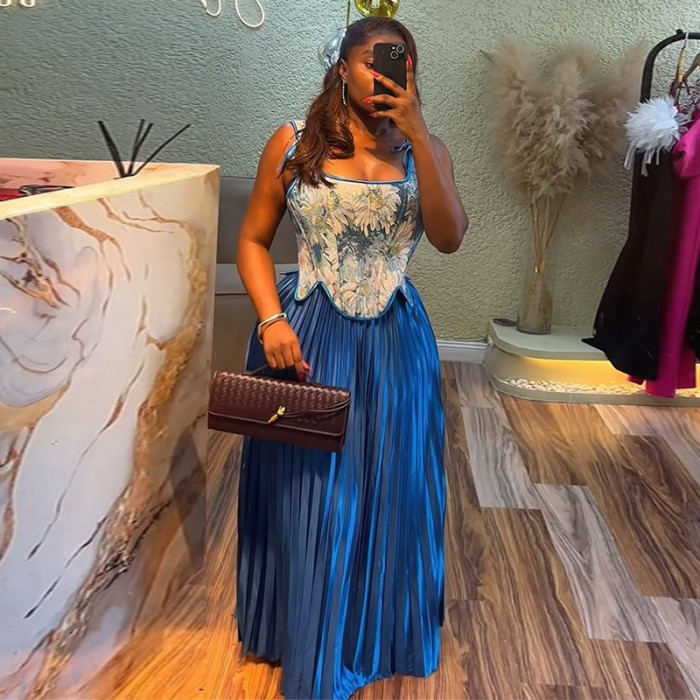New sweet and fresh printed fitted backless top and high-waisted full pleated skirt set DLZTZ15