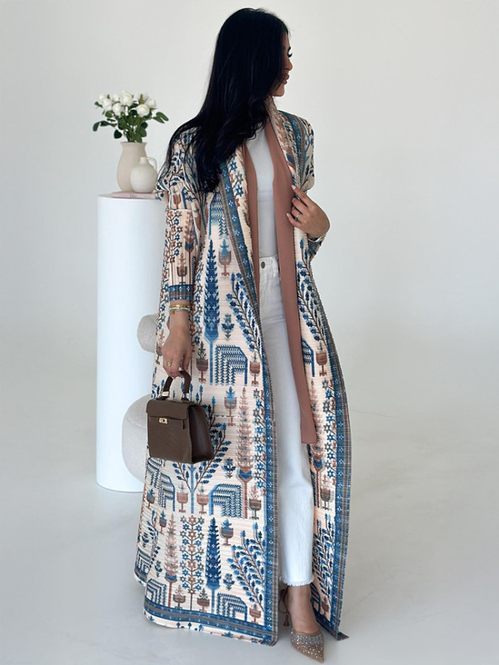 Women's Elegant Pleated Printed Trench Coat Lapel Long Sleeve Loose Temperament Cardigan Robe Fashion DLZ75907