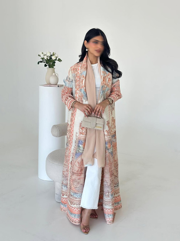 Women's Elegant Pleated Printed Trench Coat Lapel Long Sleeve Loose Temperament Cardigan Robe Fashion DLZ75907