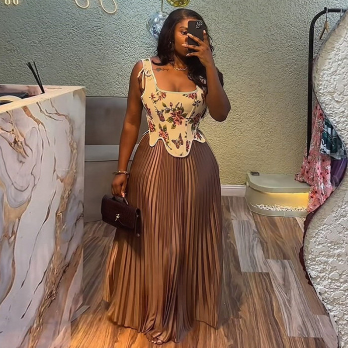 New sweet and fresh printed fitted backless top and high-waisted full pleated skirt set DLZTZ15