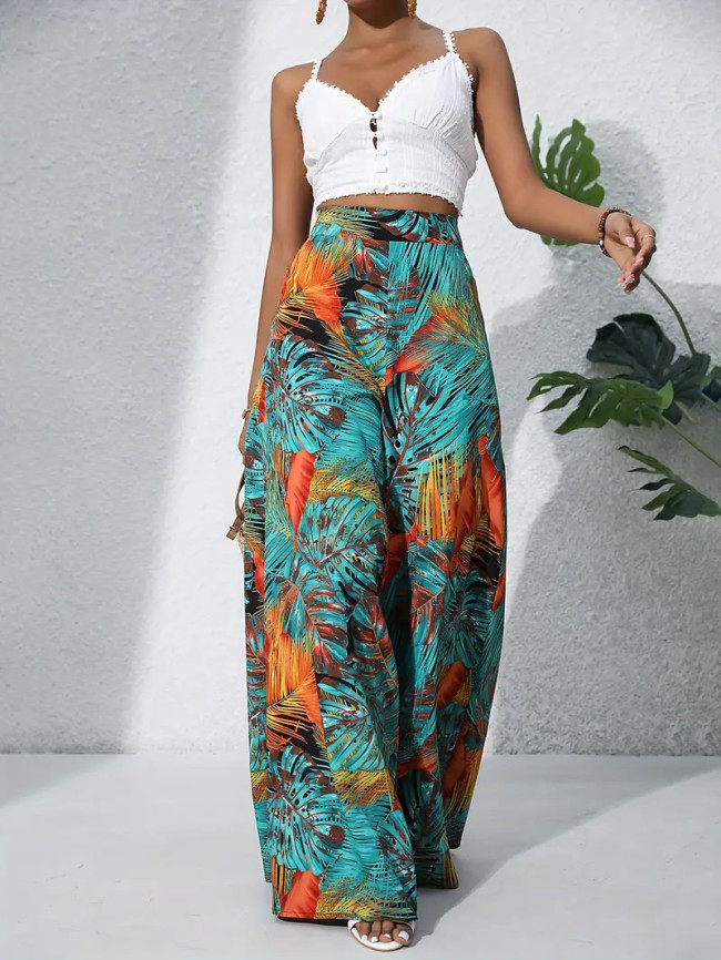 Printed wide-leg pants - stylish and elegant vacation style elastic waist wide-leg long pants DLZKZ570