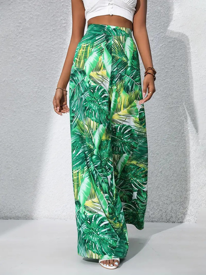 Printed wide-leg pants - stylish and elegant vacation style elastic waist wide-leg long pants DLZKZ570