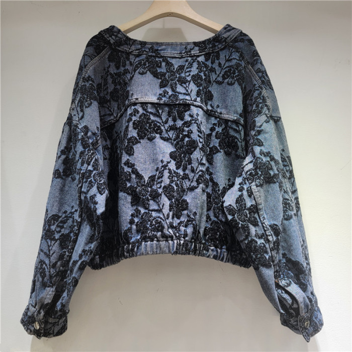Women's Denim Coat Patchwork Pu Pockets Zipper Sequins Embroidered Short Style Jackets  DLZ429205