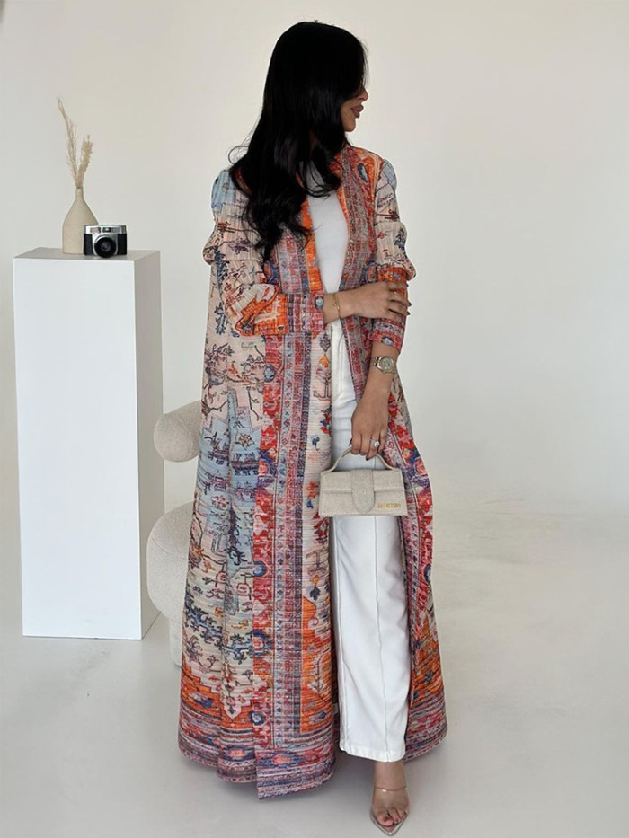 Women's Elegant Pleated Printed Trench Coat Lapel Long Sleeve Loose Temperament Cardigan Robe Fashion DLZ75907