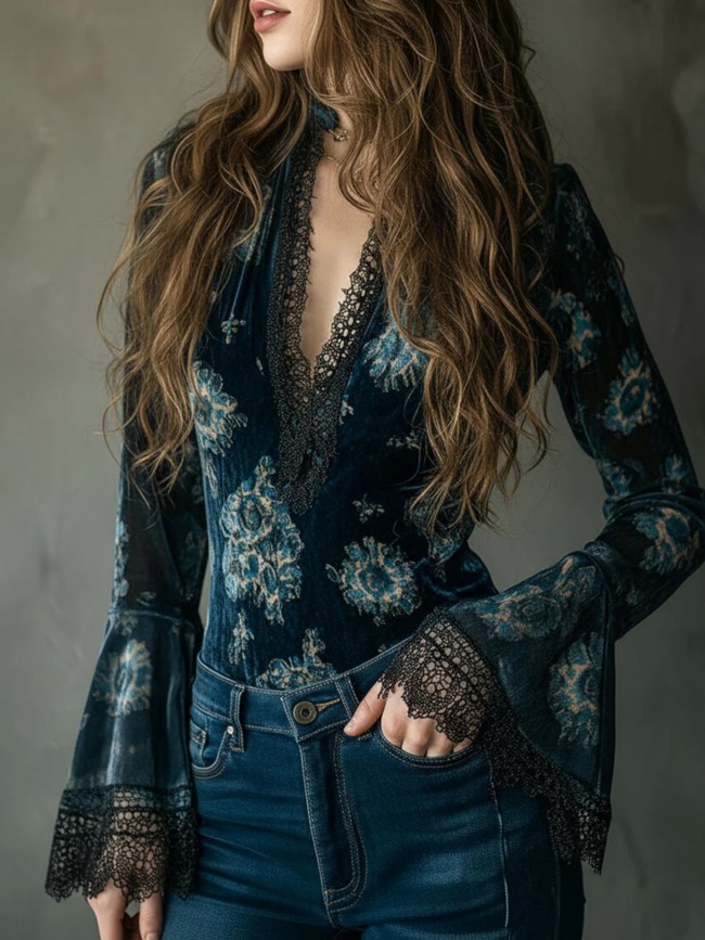 Lace-stitched V-neck long-sleeved shirt  DLZ88517