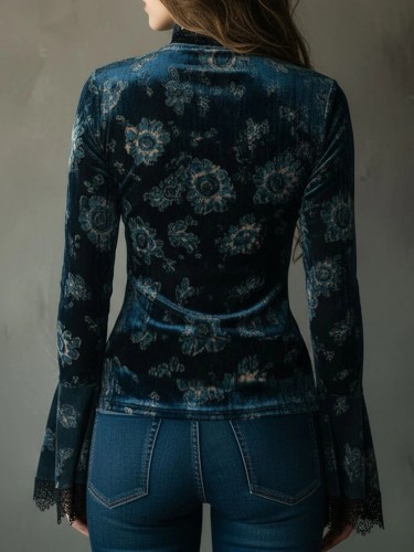 Lace-stitched V-neck long-sleeved shirt  DLZ88517