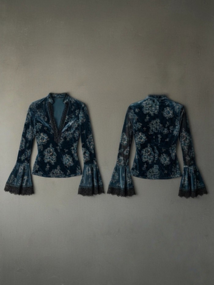 Lace-stitched V-neck long-sleeved shirt  DLZ88517
