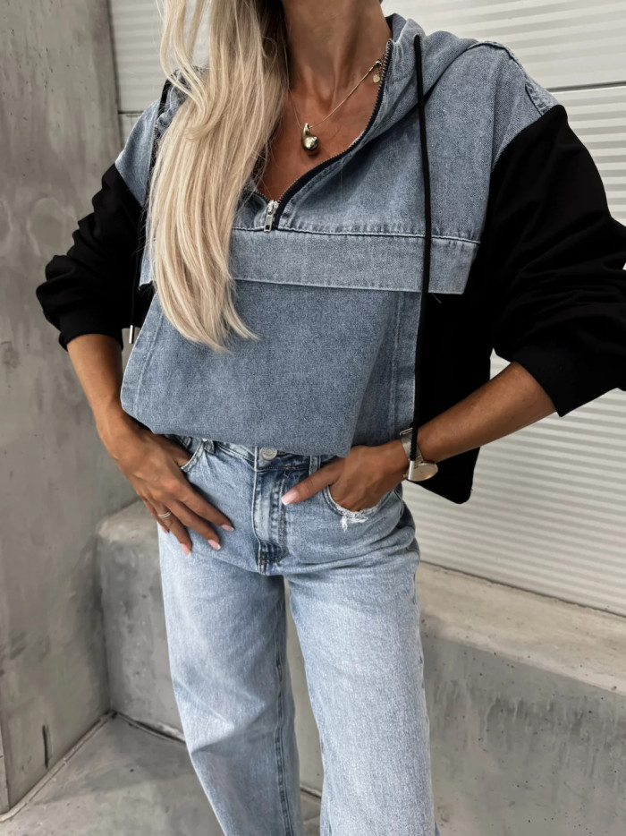 Fashionable loose and casual washed denim plaid hooded women's hoodie DLZW15201