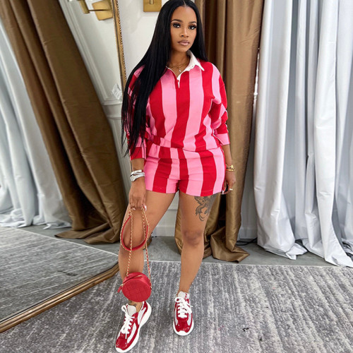 New style casual and fashionable striped v-neck top with high-waisted shorts set  DLZTZ040
