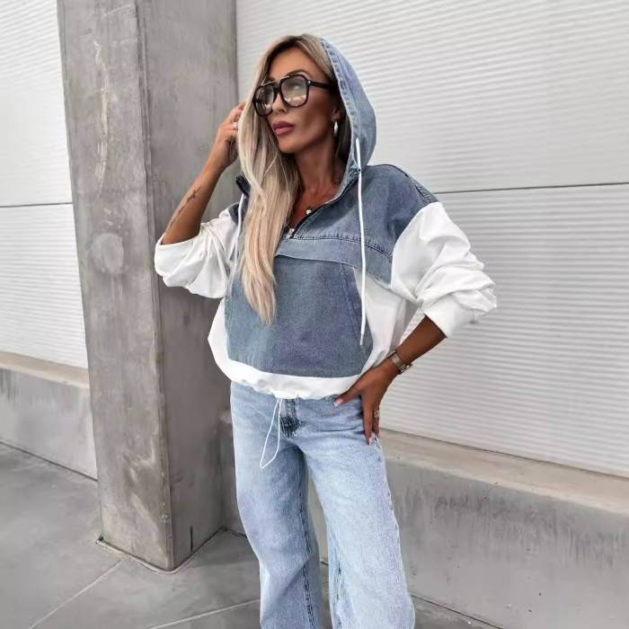 Fashionable loose and casual washed denim plaid hooded women's hoodie DLZW15201