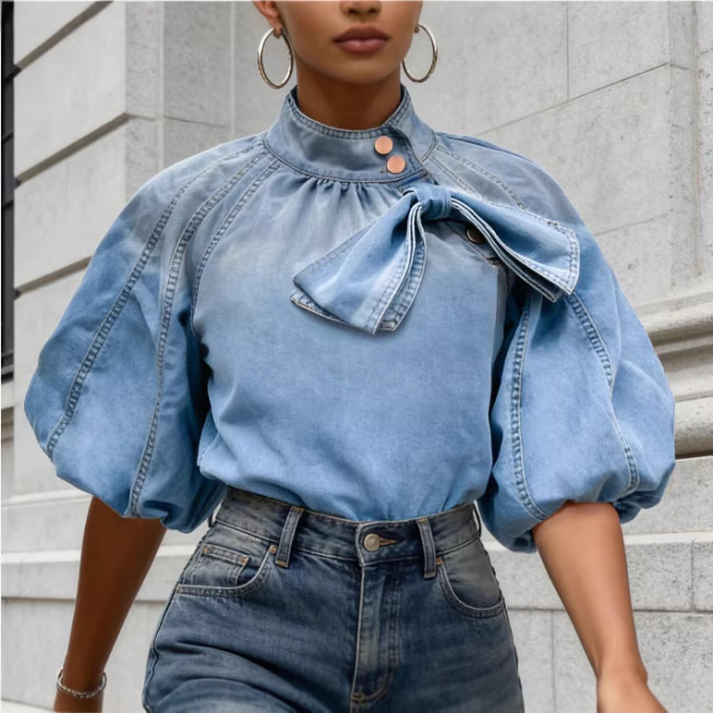 casual bow button spliced solid color puff sleeve pullover women's short denim shirt 2025 spring new fashion DLZ1101