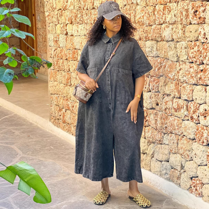 Button-down short-sleeved loose-fitting one-piece dress  DLZLT1713