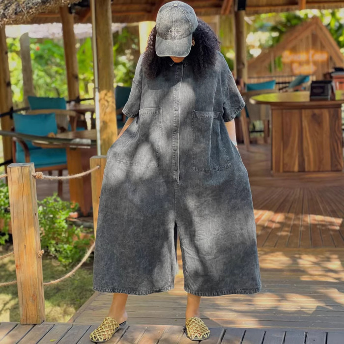 Button-down short-sleeved loose-fitting one-piece dress  DLZLT1713