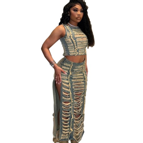Fashionable personalized handcrafted worn-out vest + slit denim skirt two-piece set / outfit  DLZTZ040805