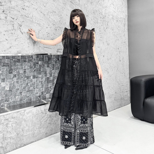 Women Black Mesh Perspective Thin Big Size Ruffles Vest New V-collar Sleeveless Fashion Tide Spring Autumn  1DJ6379