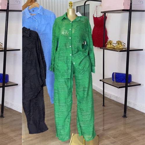Collar pocket long-sleeved shirt + high-waisted straight-leg pants + two-piece set  Suit  DLZTZ0400