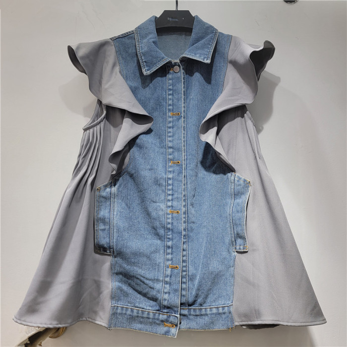 Women's Denim Waistcoat Patchwork Lace Flutter Sleeve Turn-down Collar Single Breasted Vest  Summer New Fashion  DLZMJ040