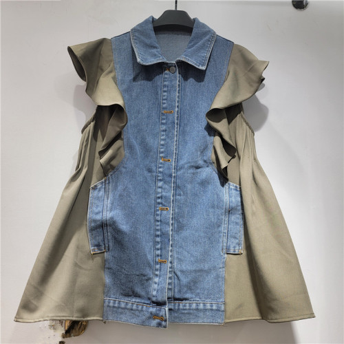 Women's Denim Waistcoat Patchwork Lace Flutter Sleeve Turn-down Collar Single Breasted Vest  Summer New Fashion  DLZMJ040