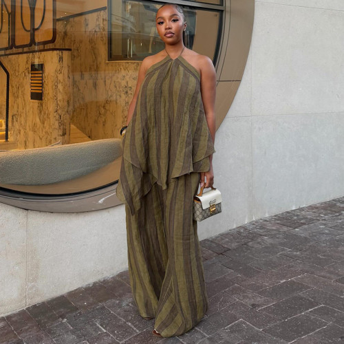 Olive-colored collarless sleeveless irregular top + wide-leg pants - two-piece set / suit  DLZTZ4106