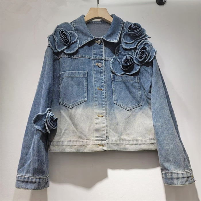 Women's Denim Coat 3D Flower Design Gradient Single Breasted Long Sleeve Short Jackets  Spring New Fashion    DLZ633405