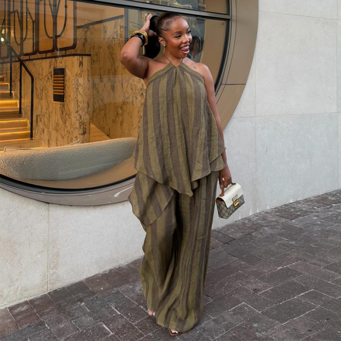 Olive-colored collarless sleeveless irregular top + wide-leg pants - two-piece set / suit  DLZTZ4106