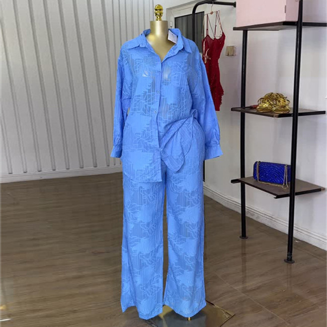 Collar pocket long-sleeved shirt + high-waisted straight-leg pants + two-piece set  Suit  DLZTZ0400