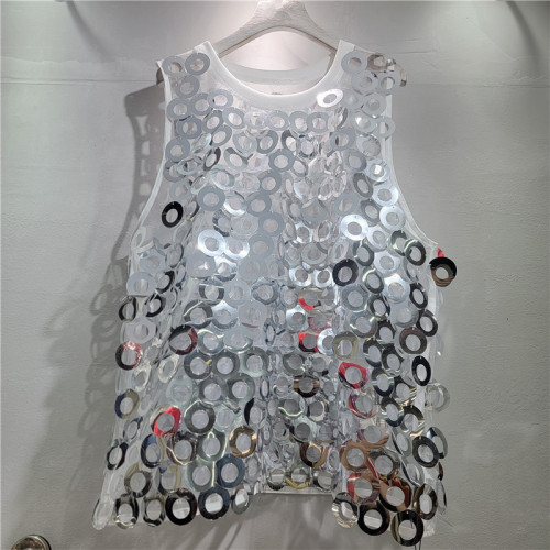 New trendy glittery sequined embroidered netting top with French style, slimming effect, sleeveless vest  DLZMJ3350