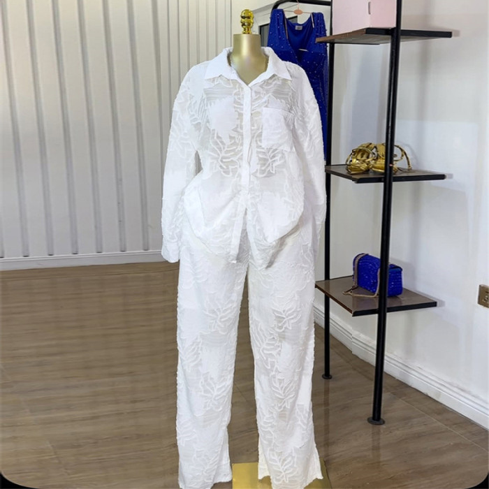 Collar pocket long-sleeved shirt + high-waisted straight-leg pants + two-piece set  Suit  DLZTZ0400