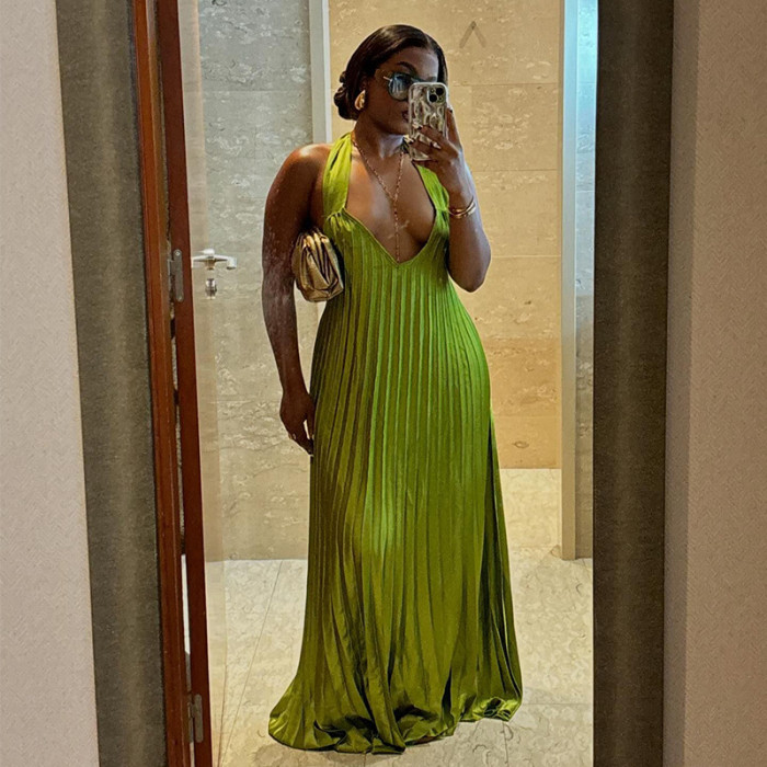 New sweet and fresh V-neck backless pleated oversized floor-length dress with collar  DLZD261106