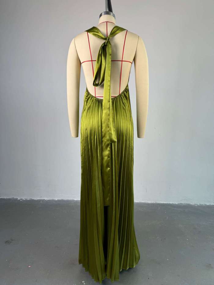 New sweet and fresh V-neck backless pleated oversized floor-length dress with collar  DLZD261106