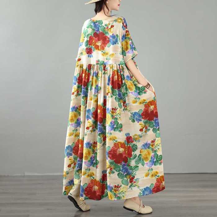 Increase the size of the loose-fitting short-sleeved round-neck printed dress  DLZHQ14609