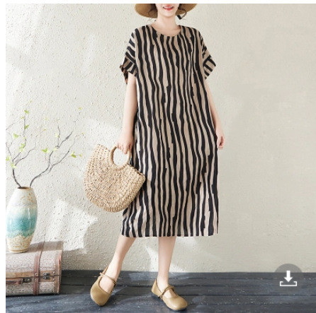 Soft cotton and linen printed knee-length mid-length short-sleeved dress  DLZTW440