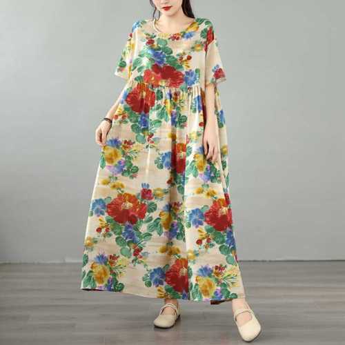 Increase the size of the loose-fitting short-sleeved round-neck printed dress  DLZHQ14609