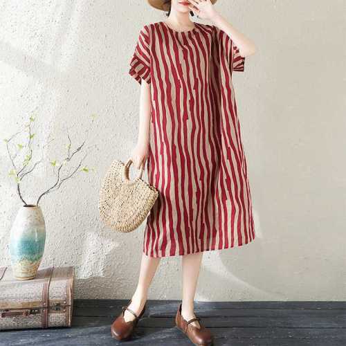Soft cotton and linen printed knee-length mid-length short-sleeved dress  DLZTW440