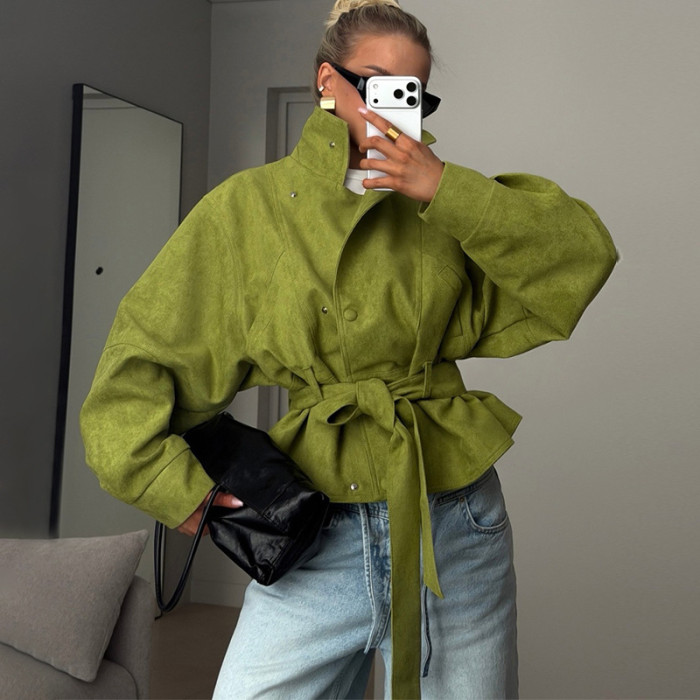 New fashionable stand-up collar, lace-up, waist-cinching short coat with windproof fabric  DLZWT17406