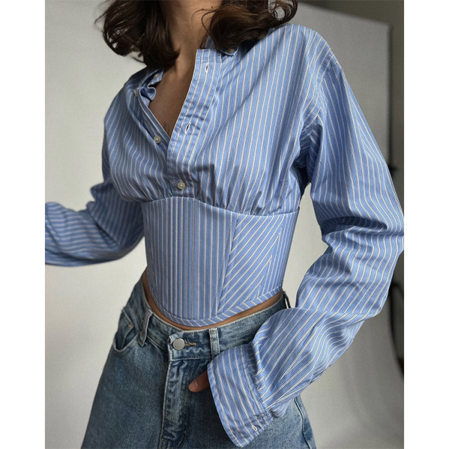 Striped V-neck fitted short-sleeved shirt with waistband DLZCS4705