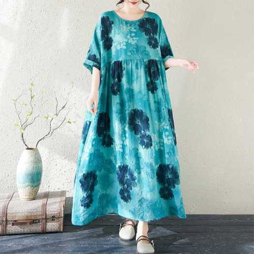 New large-sized loose round-neck cotton and linen bohemian long dress  DLZQ550