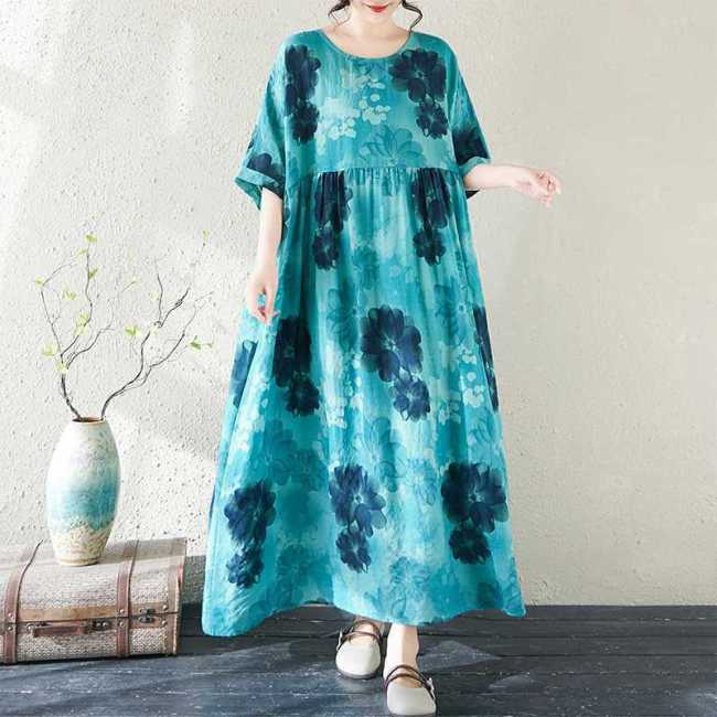 New large-sized loose round-neck cotton and linen bohemian long dress  DLZQ550
