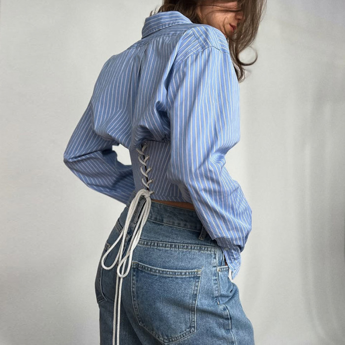 Striped V-neck fitted short-sleeved shirt with waistband DLZCS4705