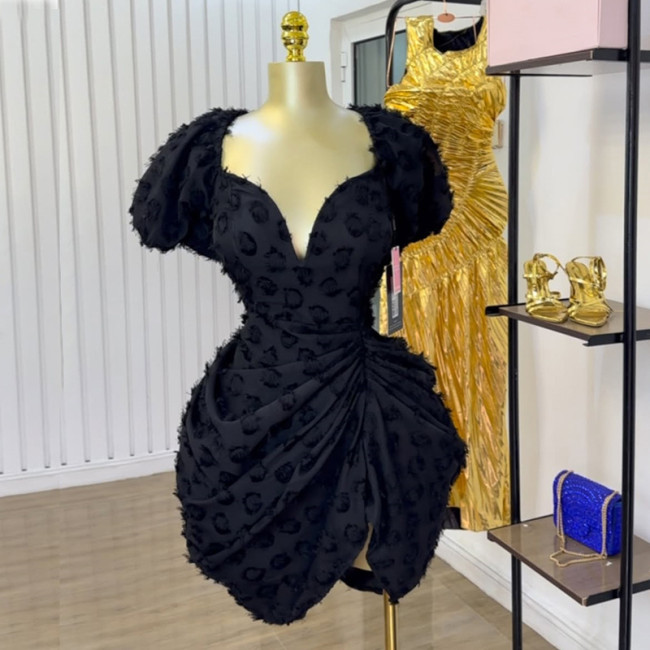 Puff sleeve high-waisted slimming pleated short dress  DLZ2040